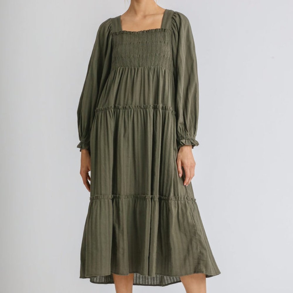 Women Olive Ruffle Cuffed Long Sleeve Square Neckline Smocked Peasant Midi Dress